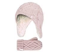 Girls Cable Knitted Bobble Trapper Hat and Mittens Set - Pink