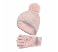 HEAT HOLDERS - Girls Thermal Insulated Pom Pom Bobble Beanie Hat and Gloves | Colourful Pastel Styles (7-10 Years, Dusky Pink)
