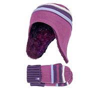 HEAT HOLDERS - Girls Winter Warm Pom Pom Bobble Beanie Hat and Mittens Set (3-6 Years, Red Violet)