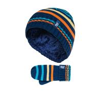 Heat Holders Kids Boys Winter Knitted Thermal Fleece Lined Cuffed Beanie Hat & Mittens Set - Blue Striped - 3-6 Years