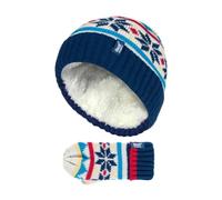 HEAT HOLDERS - Kids Boys Winter Knitted Thermal Fleece Lined Cuffed Beanie Hat and Mittens Set