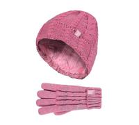 HEAT HOLDERS - Kids Girls Cute Cable Knitted Warm Fleece Lined Winter Beanie Hat and Gloves Set (7-10 Years, CS4P14)