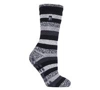 HEAT HOLDERS - Ladies ABS Non Skid Thermal Slipper Socks with Grips for Indoor Winter Comfort (4-8 UK, Black Stripe)