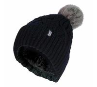 HEAT HOLDERS - Ladies Chunky Ribbed Cuffed Thermal Winter Pom Pom Bobble Beanie Hat with Fleece Lining (One Size, Black (Solna))