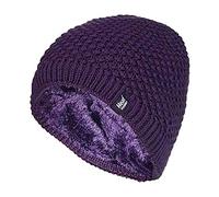 HEAT HOLDERS - Ladies Crochet Knit Style Fleece Lined Warm Thermal Winter Beanie Hat (One Size, Purple (Nora))