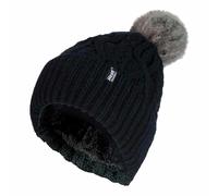 Heat Holders Ladies Knitted Turnover Cuffed Pom Pom Beanie Hat with Bobble - One Size - Black