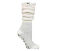 HEAT HOLDERS - Ladies Soft Fluffy Slouch Top Non Slip Slipper Thermal Bed Socks with Grippers (4-8 UK, Cream/Silver)