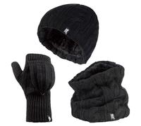 HEAT HOLDERS - Ladies thermal winter warm fleece cable knit Hat, Neck Warmer and Converter Gloves set (Black)