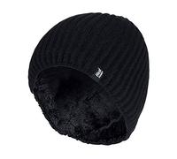 HEAT HOLDERS - Mens Fine Ribbed Fleece Lined Thermal Winter Knitted Beanie Hat (One Size, Black (Halden))