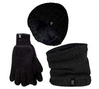 HEAT HOLDERS Mens Hat, Neck Warmer & Gloves Set Winter Knitted Warm Accessories Set (L-XL, Black)