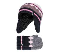 HEAT HOLDERS - Girls Nordic Pattern Fairisle Design Trapper Hat with Mittens Gloves Set (3-6 Years, Black)