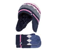 HEAT HOLDERS - Girls Nordic Pattern Fairisle Design Trapper Hat with Mittens Gloves Set (3-6 Years, Navy)