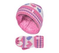 HEAT HOLDERS - Kids Girls Fleece Lined Knitted Striped Colourful Winter Thermal Hat and Mittens Set
