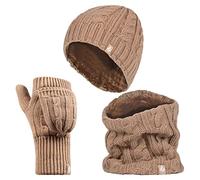 HEAT HOLDERS - Womens Thermal winter fleece cable knit Hat, Neck Warmer and Converter Gloves set (Beige)