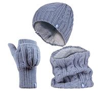 HEAT HOLDERS - Womens Thermal winter fleece cable knit Hat, Neck Warmer and Converter Gloves set (Dusky Blue)