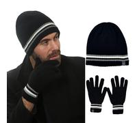 Heat Machine® Men’s Striped Rim Beanie & Gloves Set - Soft Touch Acrylic, Thermal Winter Warm Knit Hat & Gloves - Black, Navy, Grey - 2 Glove Sizes