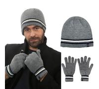 Heat Machine® Men’s Striped Rim Beanie & Gloves Set - Soft Touch Acrylic, Thermal Winter Warm Knit Hat & Gloves - Black, Navy, Grey - 2 Glove Sizes