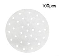 Heat Resistant Baking Paper 100Pcs 220C Max(8-inch) | Pre-cut perforated design, ensures for rapid airflow, prevents soggy food, fits 3-4L fryers, white wood pulp