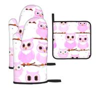 Heat-Resistant Gloves and mats Cute owl Printed 3-Piece Baking Set Suitable for Baking and Grilling