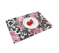 Heat Resistant Non-Slip Placemats Set of 4 PCS, Cute Rose Mix Leopard Pattern Printed Dining Table Mats Washable Kitchen Place Mats for Indoor & Outdoor