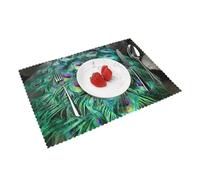 Heat Resistant Non-Slip Placemats Set of 4 PCS, Green Peacock Feather Printed Dining Table Mats Washable Kitchen Place Mats for Indoor & Outdoor