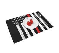 Heat Resistant Non-Slip Placemats Set of 4 PCS, Red Line Firefighter USA Flag Printed Dining Table Mats Washable Kitchen Place Mats for Indoor & Outdoor