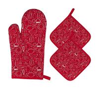 Heat Resistant Oven Gloves Set 1 Thick Cotton Oven Mitts with 2 Placemat Pot Holders Long Cuffs Baking Gloves for Kitchen, Cooking, Barbeque 3 Pieces (Red)