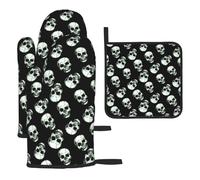 Heat Resistant Oven Gloves Set, Black Skull Pot Holder Set For Baking, Grilling, 3 Piece Kitchen Mitts, Non-Slip & Waterproof Pot Holder Trivet For Baking, Bbq, Thermal Insulating Gloves, Hot Pads