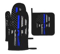 Heat Resistant Oven Gloves Set, Blue Stripe Stars Skull Pot Holder Set For Baking Grilling, 3 Piece Kitchen Mitts, Waterproof Pot Holder Trivet For Baking Bbq, Thermal Insulating Gloves, Hot Pads