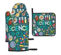 Heat Resistant Oven Gloves Set, Cartoon Science Theme Pot Holder Set For Baking Grilling, 3 Piece Kitchen Mitts, Waterproof Pot Holder Trivet For Baking Bbq, Thermal Insulating Gloves, Hot Pads