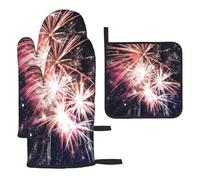 Heat Resistant Oven Gloves Set, Explosion Firework Pot Holder Set For Baking Grilling, 3 Piece Kitchen Mitts, Non-Slip Waterproof Pot Holder Trivet For Baking Bbq, Thermal Insulating Gloves, Hot Pads