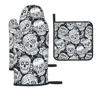 Heat Resistant Oven Gloves Set, Floral Skull Pot Holder Set For Baking, Grilling, 3 Piece Kitchen Mitts, Non-Slip & Waterproof Pot Holder Trivet For Baking, Bbq, Thermal Insulating Gloves, Hot Pads