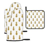 Heat Resistant Oven Gloves Set, Gold Glitter Pineapples Fruit Pot Holder Set For Baking Grilling, 3 Piece Kitchen Mitts, Waterproof Pot Holder Trivet For Baking, Thermal Insulating Gloves, Hot Pads