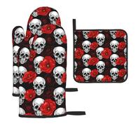 Heat Resistant Oven Gloves Set, Halloween Skull Pot Holder Set For Baking, Grilling, 3 Piece Kitchen Mitts, Non-Slip & Waterproof Pot Holder Trivet For Baking, Bbq, Thermal Insulating Gloves, Hot Pads