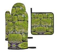 Heat Resistant Oven Gloves Set, Moss Stone Pavement Pot Holder Set For Baking Grilling, 3 Piece Kitchen Mitts, Non-Slip Waterproof Pot Holder Trivet For Baking Bbq, Thermal Insulating Gloves, Hot Pads