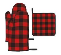 Heat Resistant Oven Gloves Set, Plaid Red Black Pot Holder Set For Baking, Grilling, 3 Piece Kitchen Mitts, Non-Slip & Waterproof Pot Holder Trivet For Baking, Bbq, Thermal Insulating Gloves, Hot Pads