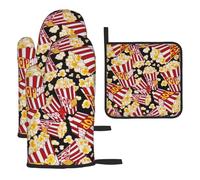 Heat Resistant Oven Gloves Set, Popcorn Print Pot Holder Set For Baking, Grilling, 3 Piece Kitchen Mitts, Non-Slip & Waterproof Pot Holder Trivet For Baking, Bbq, Thermal Insulating Gloves, Hot Pads