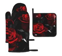 Heat Resistant Oven Gloves Set, Red Rose Pot Holder Set For Baking, Grilling, 3 Piece Kitchen Mitts, Non-Slip & Waterproof Pot Holder Trivet For Baking, Bbq, Thermal Insulating Gloves, Hot Pads