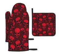 Heat Resistant Oven Gloves Set, Red Skulls Pot Holder Set For Baking, Grilling, 3 Piece Kitchen Mitts, Non-Slip & Waterproof Pot Holder Trivet For Baking, Bbq, Thermal Insulating Gloves, Hot Pads