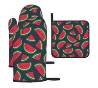 Heat Resistant Oven Gloves Set, Red Watermelon Pot Holder Set For Baking, Grilling, 3 Piece Kitchen Mitts, Non-Slip & Waterproof Pot Holder Trivet For Baking, Bbq, Thermal Insulating Gloves, Hot Pads
