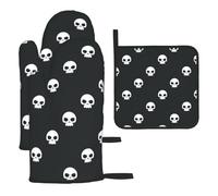 Heat Resistant Oven Gloves Set, Skull Pot Holder Set For Baking, Grilling, 3 Piece Kitchen Mitts, Non-Slip & Waterproof Pot Holder Trivet For Baking, Bbq, Thermal Insulating Gloves, Hot Pads