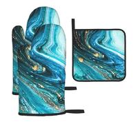 Heat Resistant Oven Gloves Set, Stone Blue Gold Marble Pot Holder Set For Baking Grilling, 3 Piece Kitchen Mitts, Waterproof Pot Holder Trivet For Baking Bbq, Thermal Insulating Gloves, Hot Pads