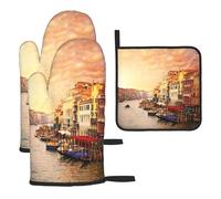 Heat Resistant Oven Gloves Set, Venice Canal View Pot Holder Set For Baking Grilling, 3 Piece Kitchen Mitts, Non-Slip Waterproof Pot Holder Trivet For Baking, Bbq, Thermal Insulating Gloves, Hot Pads