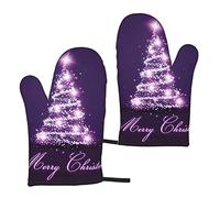 Heat Resistant Oven Gloves Sets Of 2 - Christmas Purple Tree Printed Kitchen Non-Slip Microwave Oven Mitts 1 Pair For Baking Cooking Bbq
