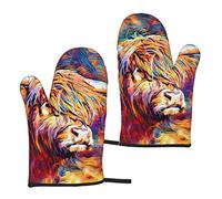 Heat Resistant Oven Gloves Sets Of 2 - Highland Cow Printed Kitchen Non-Slip Microwave Oven Mitts 1 Pair For Baking Cooking Bbq