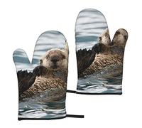 Heat Resistant Oven Gloves Sets Of 2 - Otter Printed Kitchen Non-Slip Microwave Oven Mitts 1 Pair For Baking Cooking Bbq