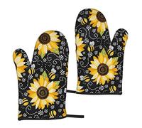 Heat Resistant Oven Gloves Sets Of 2 - Sunflower Bee Printed Kitchen Non-Slip Microwave Oven Mitts 1 Pair For Baking Cooking Bbq