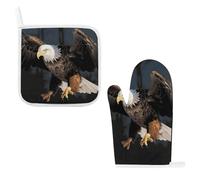 Heat Resistant Oven Mitt & Pot Holder Set, Thick Soft Cotton with Hanging Loop, 3D Bald Eagle Oven Mitt & Non-Slip Hot Pad for Kitchen, Microwave, BBQ Grilling