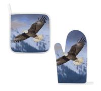 Heat Resistant Oven Mitt & Pot Holder Set, Thick Soft Cotton with Hanging Loop, Bald Eagle Flying Oven Mitt & Non-Slip Hot Pad for Kitchen, Microwave, BBQ Grilling