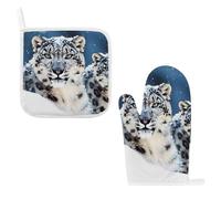 Heat Resistant Oven Mitt & Pot Holder Set, Thick Soft Cotton with Hanging Loop, Blue Eyed Snow Leopard Oven Mitt & Non-Slip Hot Pad for Kitchen, Microwave, BBQ Grilling